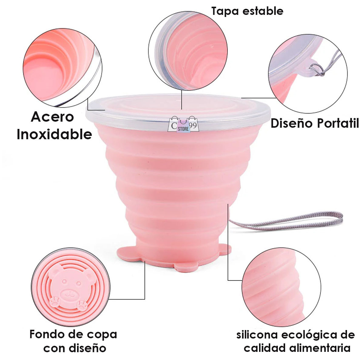 Vista 5 de Vaso Plegable Taza Portable En Silicona - COLOR: ROSADO